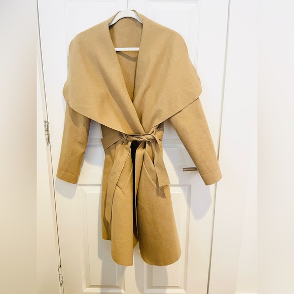 Anthropologie Jackets & Blazers - Long tan coat with adjustable tie waist, knee length, shawl collar, sz M/L